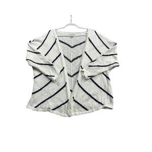 LOFT Women's Large Open Front Cardigan Sweater White Navy Stripe Knit